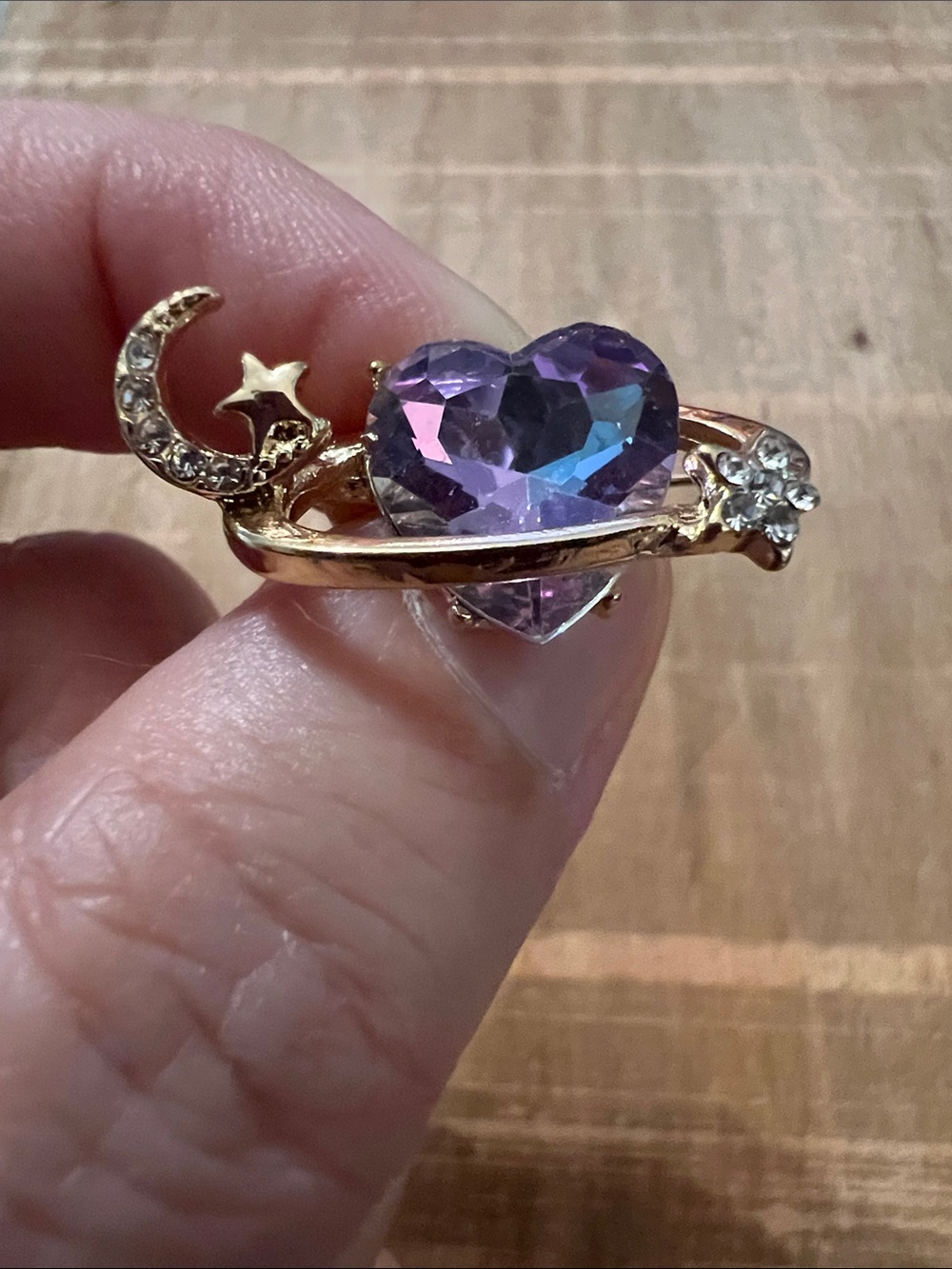3/$18 Gold-Tone Heart Crystal Brooch with Moon & Star Accent - Purple Lot 310
